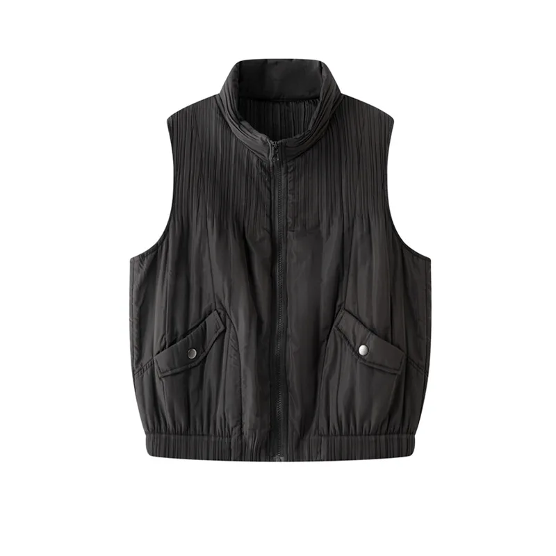 Women's Pleated Winter Vest Fashion Temperament Simple Solid Color Sleeveless Parkas 2025 Autumn Winter New Loose Versatile Tops - Image 3