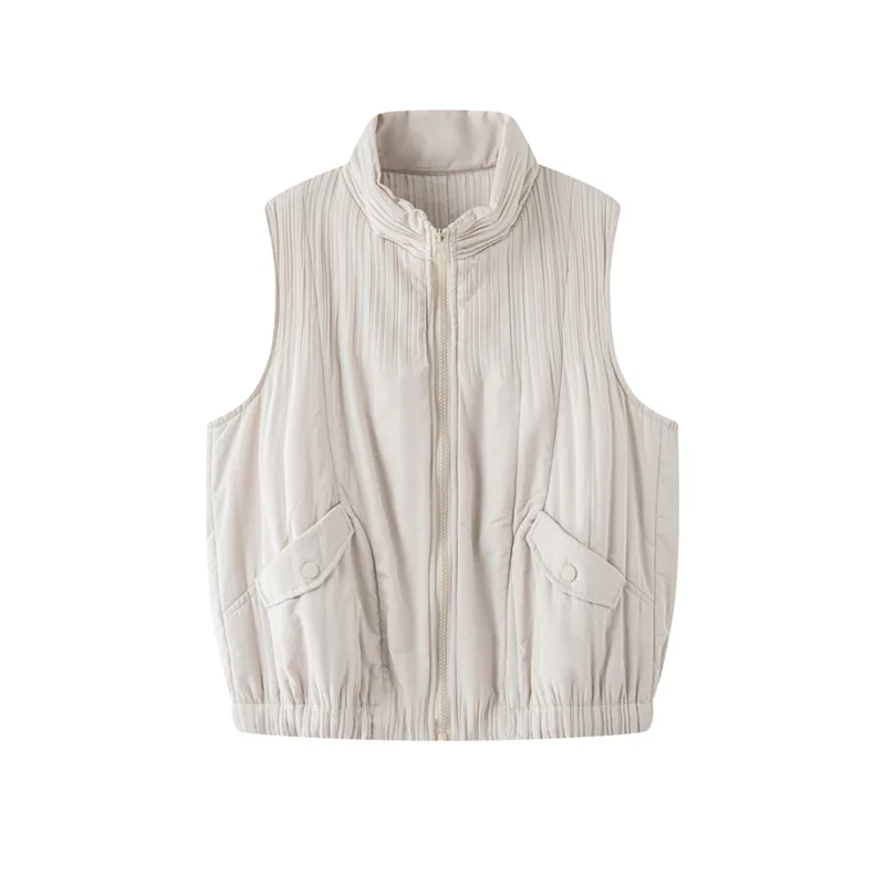 Women's Pleated Winter Vest Fashion Temperament Simple Solid Color Sleeveless Parkas 2025 Autumn Winter New Loose Versatile Tops - Image 6