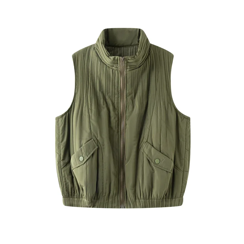 Women's Pleated Winter Vest Fashion Temperament Simple Solid Color Sleeveless Parkas 2025 Autumn Winter New Loose Versatile Tops - Image 4