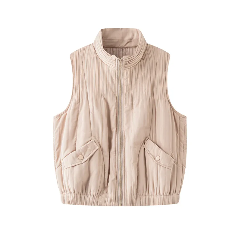 Women's Pleated Winter Vest Fashion Temperament Simple Solid Color Sleeveless Parkas 2025 Autumn Winter New Loose Versatile Tops - Image 2