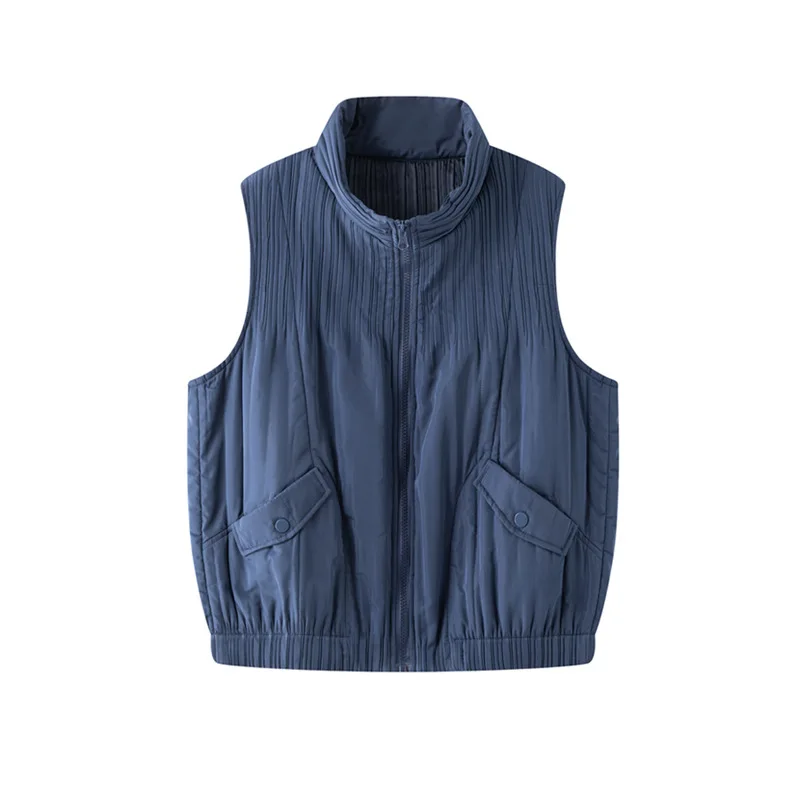 Women's Pleated Winter Vest Fashion Temperament Simple Solid Color Sleeveless Parkas 2025 Autumn Winter New Loose Versatile Tops - Image 5