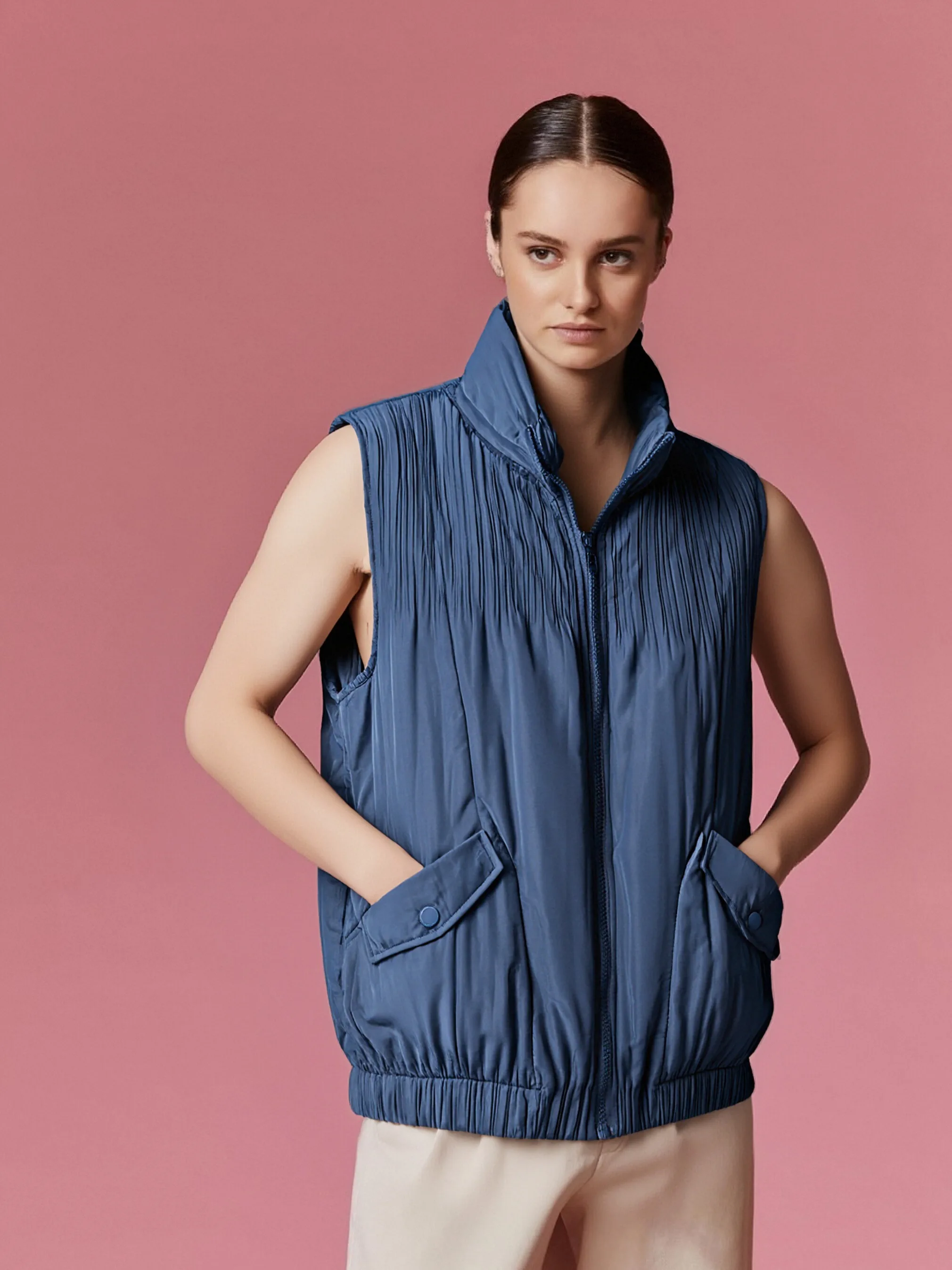 Women's Pleated Winter Vest Fashion Temperament Simple Solid Color Sleeveless Parkas 2025 Autumn Winter New Loose Versatile Tops